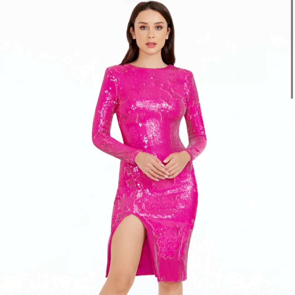 Dress the population sequin hot pink midi dress S NWT